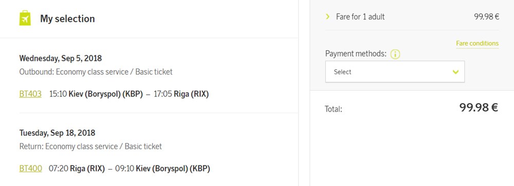 Бронювання авіаквитків Київ - Рига - Київ на сайті airBaltic