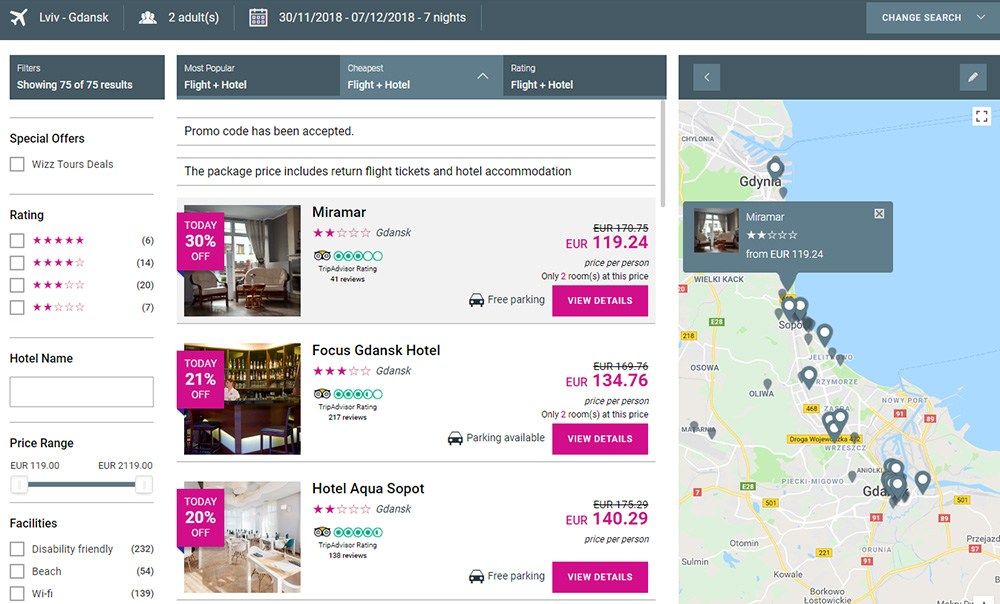 Приклад бронювання перельоту Львів - Гданськ - Львів + 7 ночей у готелі