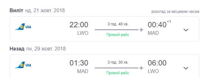 Приклад бронювання авіаквитків Львів - Мадрид "туди-назад" на сайті SkyScanner: