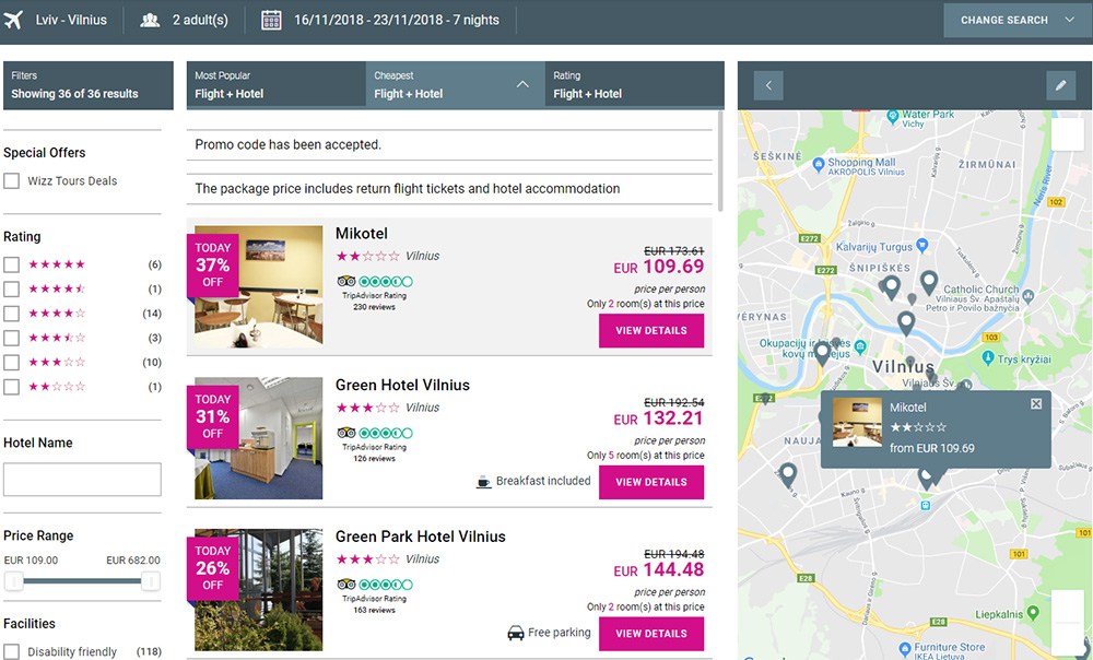 Бронювання перельоту Львів - Вільнюс - Львів + 7 ночей в готелі на листопад