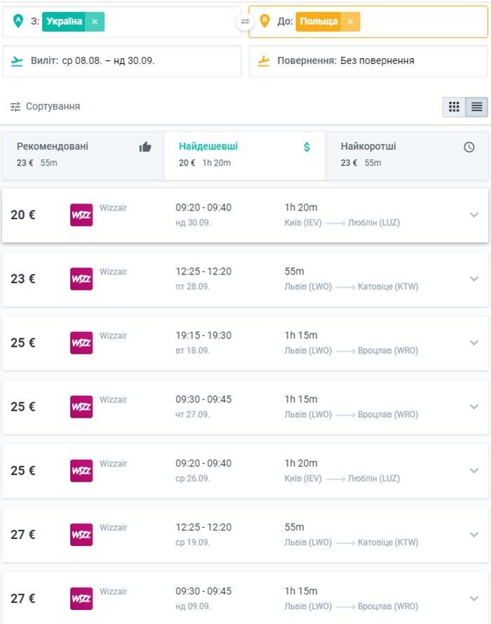 Wizz Air: знижка 20% на усі перельоти із та у Польщу до кінця вересня! 2 Вартість авіаквитків із України в Польщу на сайті Ківі