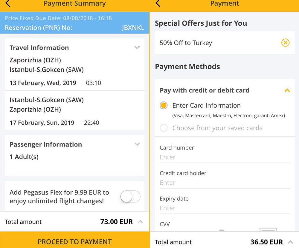 Авіаквитки Запоріжжя - Стамбул - Запоріжжя до та після застосування знижки 50%